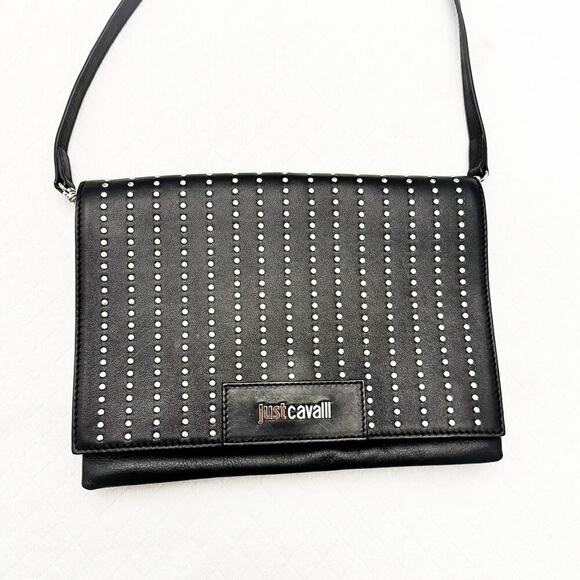 Just Cavalli Black Leather Studded Over The Shoulder Crossbody Tote Purse MINT - Picture 1 of 9